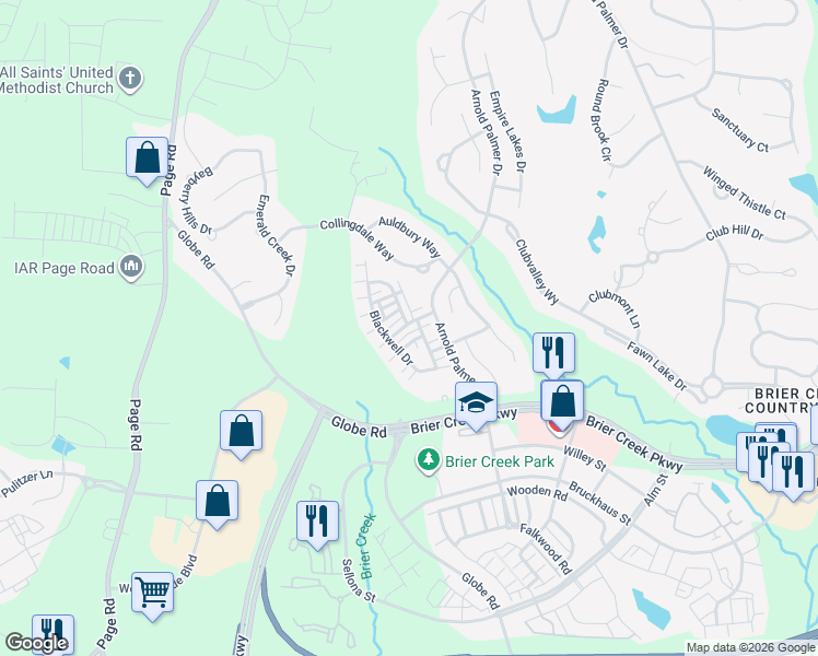 map of restaurants, bars, coffee shops, grocery stores, and more near 9801 Layla Avenue in Raleigh