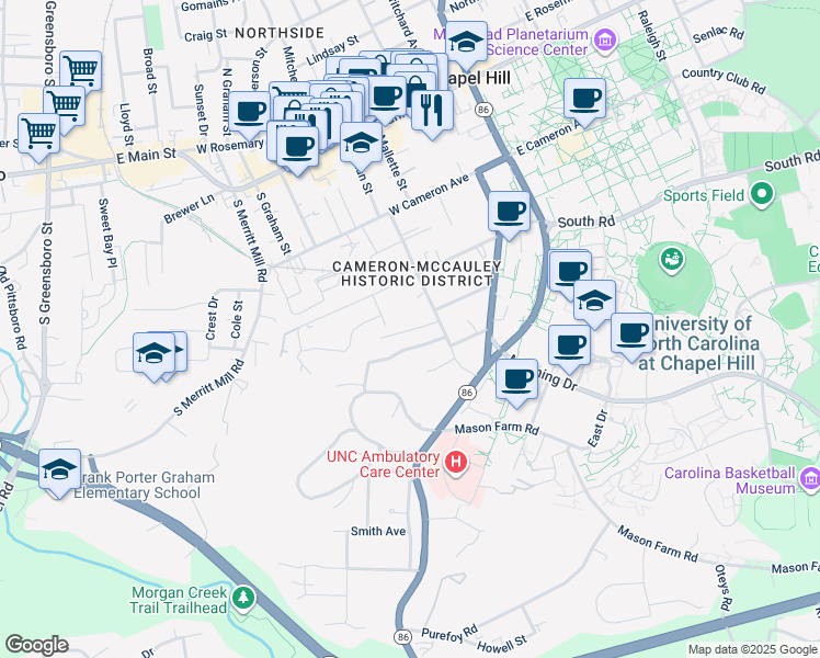 map of restaurants, bars, coffee shops, grocery stores, and more near in Chapel Hill