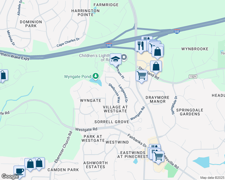 map of restaurants, bars, coffee shops, grocery stores, and more near 9209 Shallcross Way in Raleigh