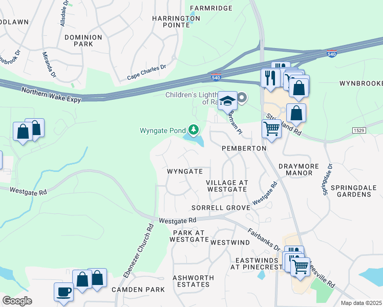 map of restaurants, bars, coffee shops, grocery stores, and more near 5413 Windy Gap Court in Raleigh