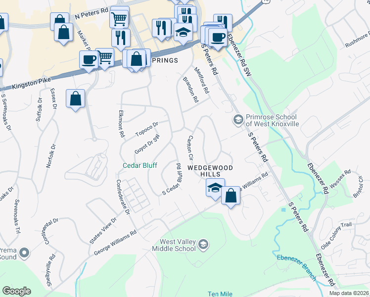 map of restaurants, bars, coffee shops, grocery stores, and more near 9116 Carlton Circle in Knoxville