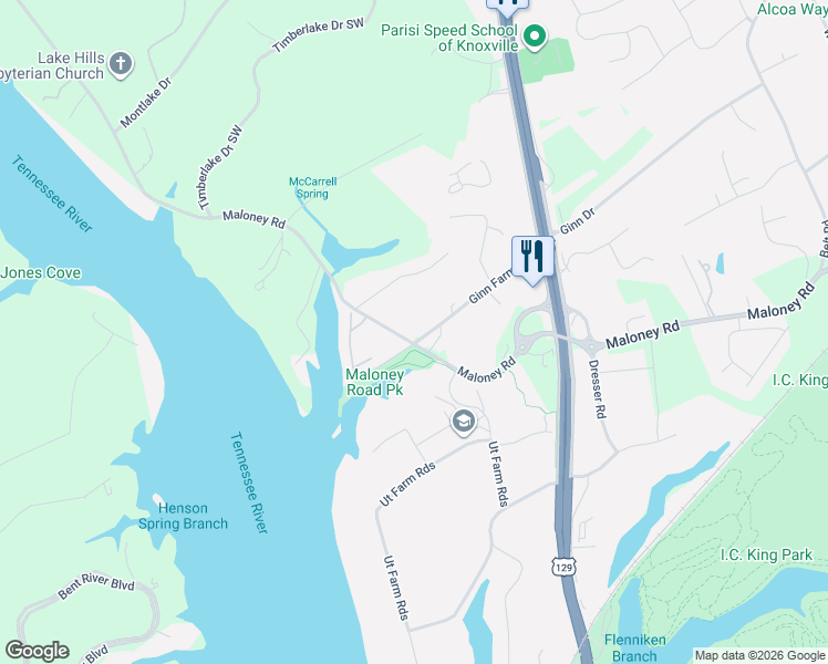 map of restaurants, bars, coffee shops, grocery stores, and more near 3447 Ginn Drive in Knoxville