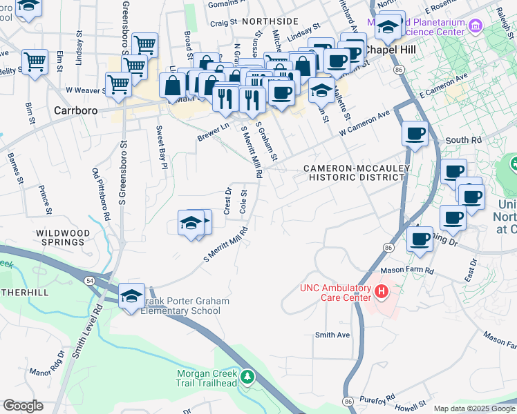 map of restaurants, bars, coffee shops, grocery stores, and more near 517 South Merritt Mill Road in Chapel Hill