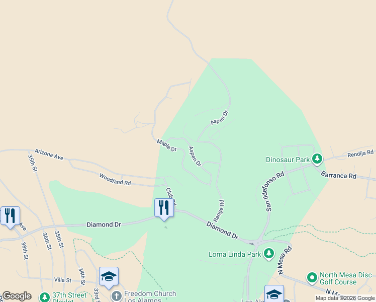 map of restaurants, bars, coffee shops, grocery stores, and more near 157 Aspen Drive in Los Alamos