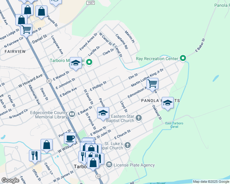 map of restaurants, bars, coffee shops, grocery stores, and more near 609 Elm Street in Tarboro