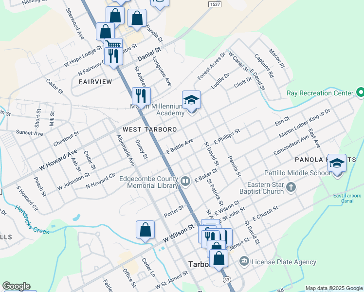 map of restaurants, bars, coffee shops, grocery stores, and more near 1203 Saint Andrew Street in Tarboro
