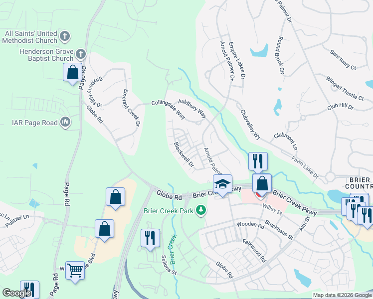 map of restaurants, bars, coffee shops, grocery stores, and more near 9801 Layla Avenue in Raleigh