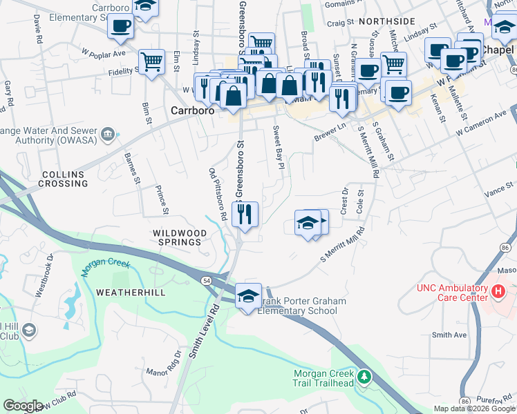 map of restaurants, bars, coffee shops, grocery stores, and more near 114 Purple Leaf Place in Carrboro