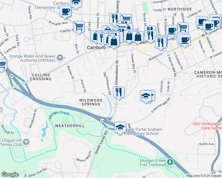 map of restaurants, bars, coffee shops, grocery stores, and more near 422 South Greensboro Street in Carrboro