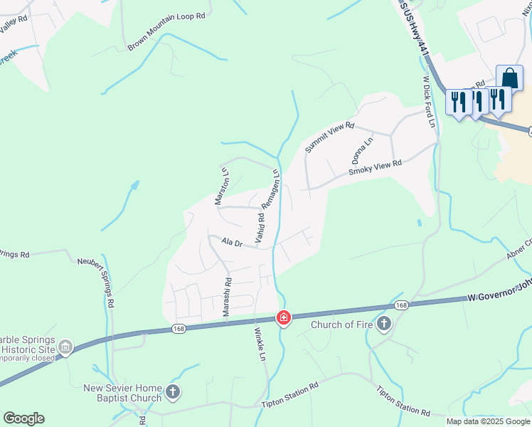 map of restaurants, bars, coffee shops, grocery stores, and more near 7228 Remagen Lane in Knoxville