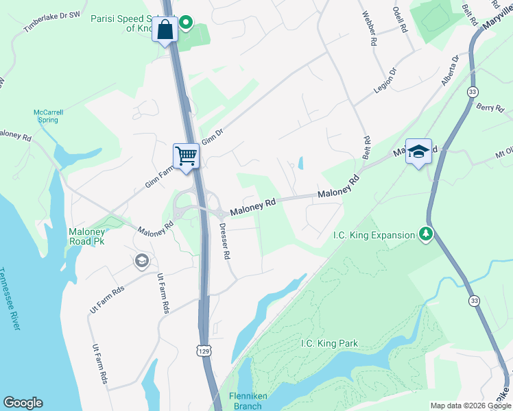 map of restaurants, bars, coffee shops, grocery stores, and more near 3117 Maloney Road in Knoxville