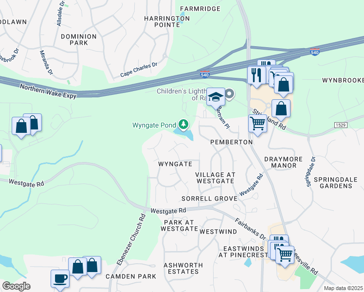 map of restaurants, bars, coffee shops, grocery stores, and more near 5413 Windy Gap Court in Raleigh