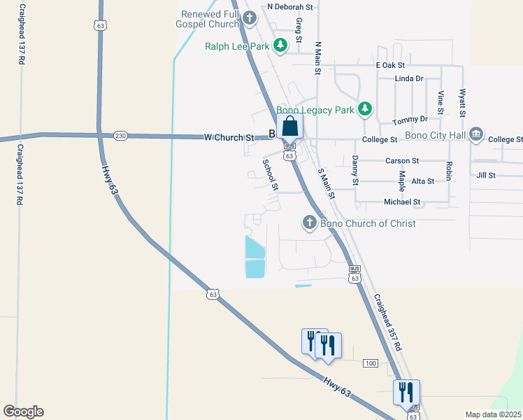 map of restaurants, bars, coffee shops, grocery stores, and more near 215 School Street in Bono