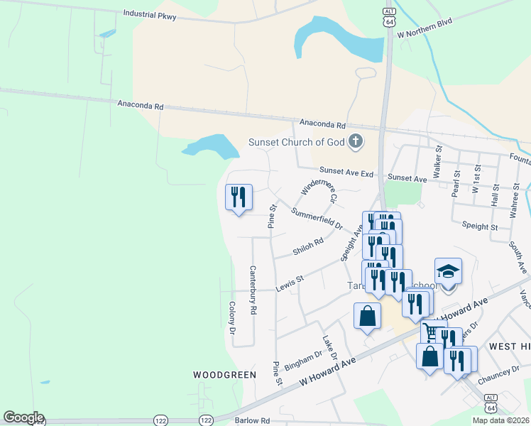 map of restaurants, bars, coffee shops, grocery stores, and more near 1900 Pine Street in Tarboro
