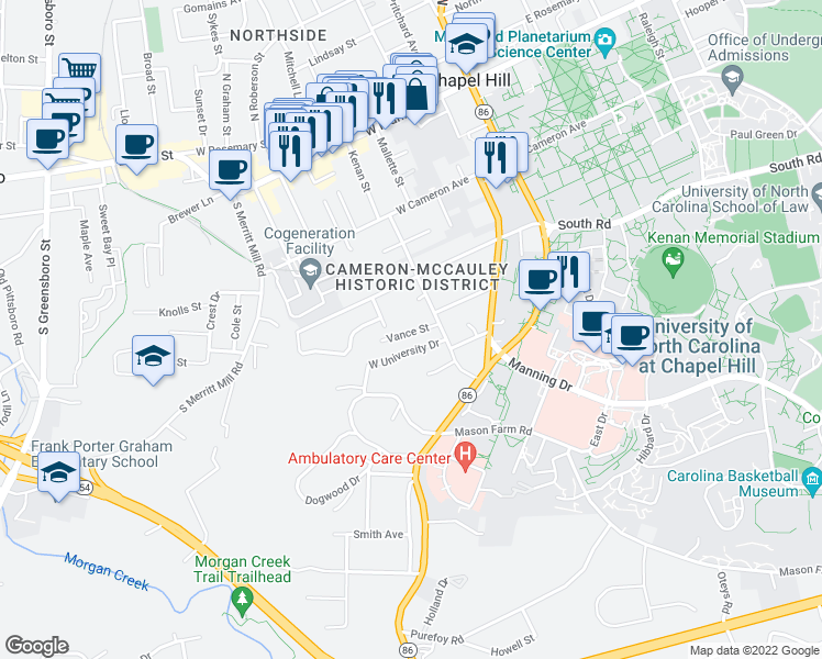 map of restaurants, bars, coffee shops, grocery stores, and more near 404 Ransom Street in Chapel Hill