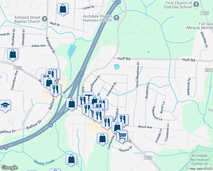 map of restaurants, bars, coffee shops, grocery stores, and more near 311 Rand Boulevard in Archdale