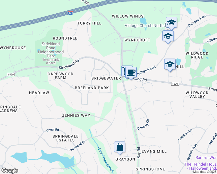 map of restaurants, bars, coffee shops, grocery stores, and more near 8909 Riverview Park Drive in Raleigh