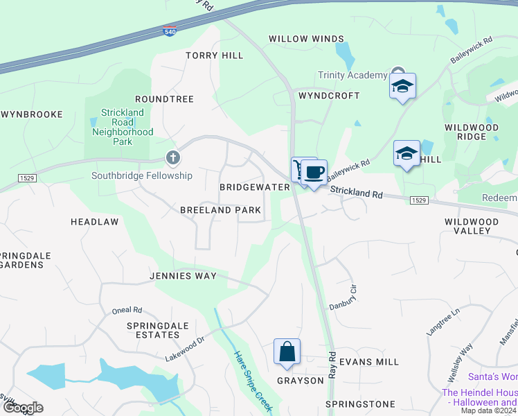 map of restaurants, bars, coffee shops, grocery stores, and more near 8909 Riverview Park Drive in Raleigh