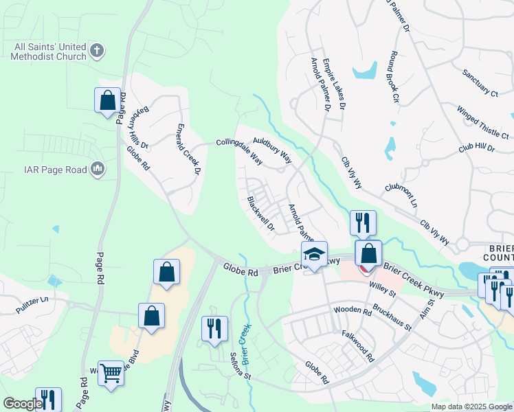 map of restaurants, bars, coffee shops, grocery stores, and more near 9821 Castain Drive in Raleigh