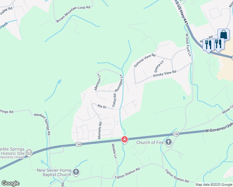 map of restaurants, bars, coffee shops, grocery stores, and more near 7228 Remagen Ln in Knoxville