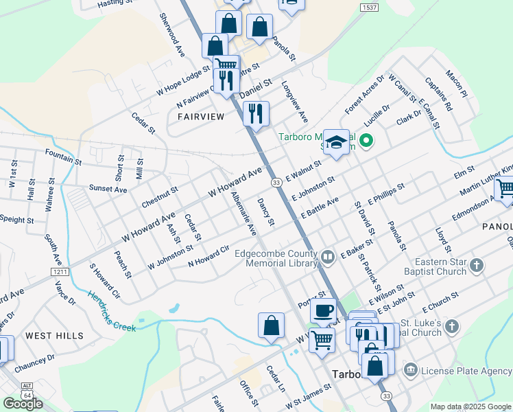 map of restaurants, bars, coffee shops, grocery stores, and more near 1314 Dancy Street in Tarboro