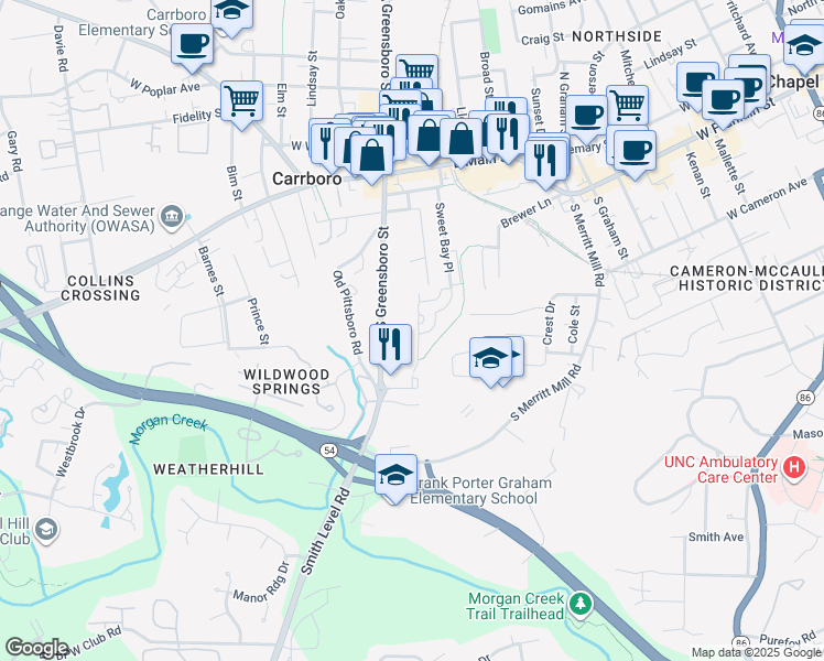map of restaurants, bars, coffee shops, grocery stores, and more near 114 Purple Leaf Place in Carrboro