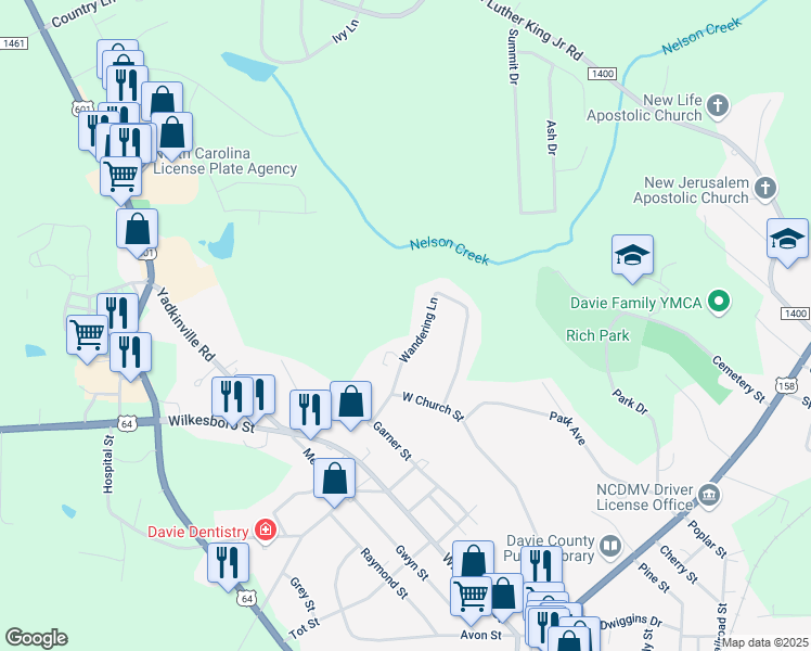 map of restaurants, bars, coffee shops, grocery stores, and more near 229 Wandering Lane in Mocksville