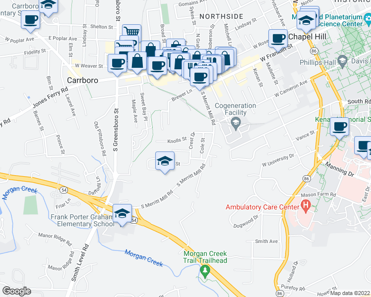 map of restaurants, bars, coffee shops, grocery stores, and more near 102 Creel Street in Chapel Hill