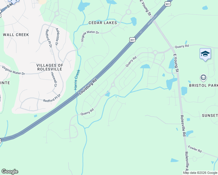 map of restaurants, bars, coffee shops, grocery stores, and more near Rolesville Bypass in Wake Forest