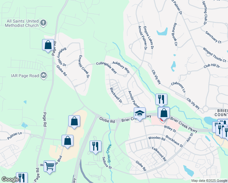 map of restaurants, bars, coffee shops, grocery stores, and more near 9821 Castain Drive in Raleigh