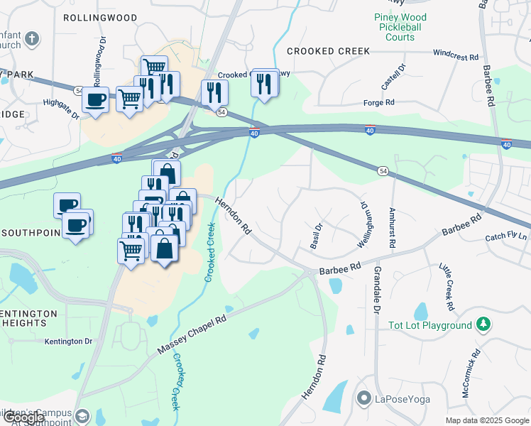 map of restaurants, bars, coffee shops, grocery stores, and more near 6513 Draebury Lane in Durham
