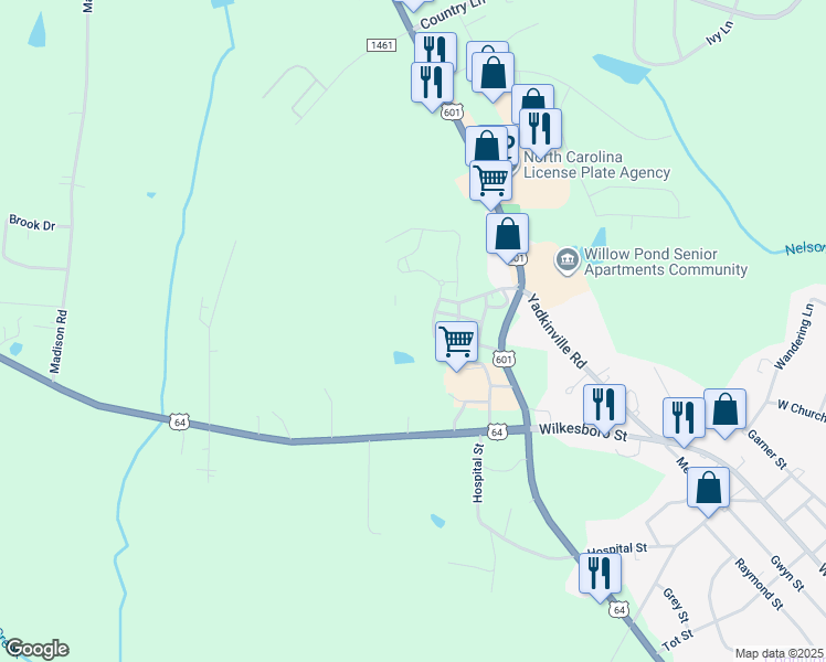 map of restaurants, bars, coffee shops, grocery stores, and more near 109 Willhaven Drive in Mocksville