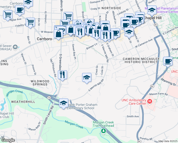 map of restaurants, bars, coffee shops, grocery stores, and more near 114 Creel Street in Chapel Hill