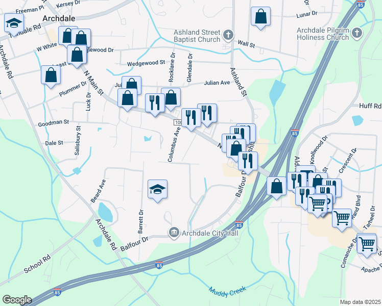 map of restaurants, bars, coffee shops, grocery stores, and more near 312 Davidson Street in Archdale