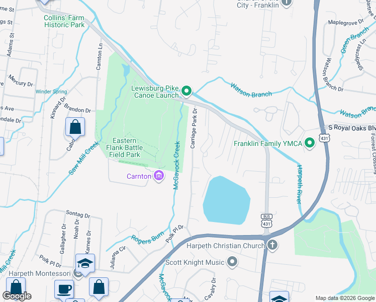 map of restaurants, bars, coffee shops, grocery stores, and more near 1209 Carriage Park Dr in Franklin