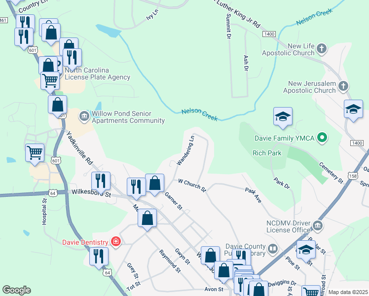 map of restaurants, bars, coffee shops, grocery stores, and more near 229 Wandering Lane in Mocksville