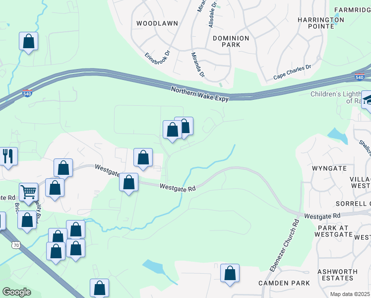 map of restaurants, bars, coffee shops, grocery stores, and more near 8831 Westgate Park Drive in Raleigh