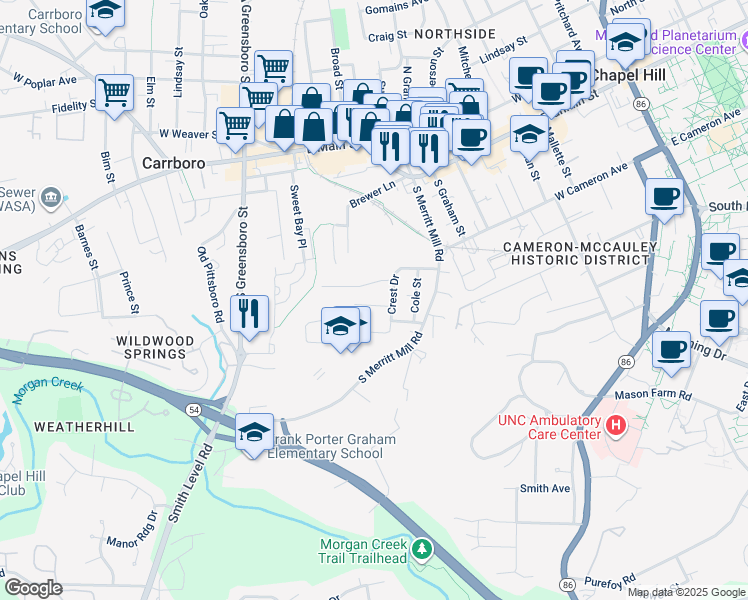 map of restaurants, bars, coffee shops, grocery stores, and more near 102 Creel Street in Chapel Hill