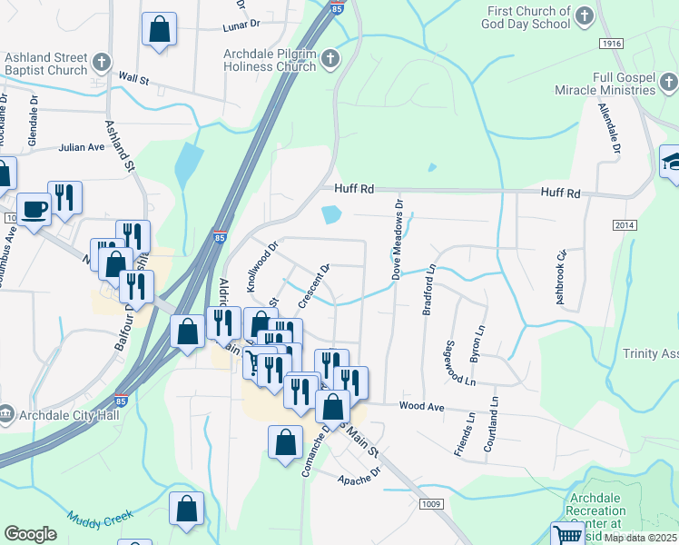 map of restaurants, bars, coffee shops, grocery stores, and more near in Archdale