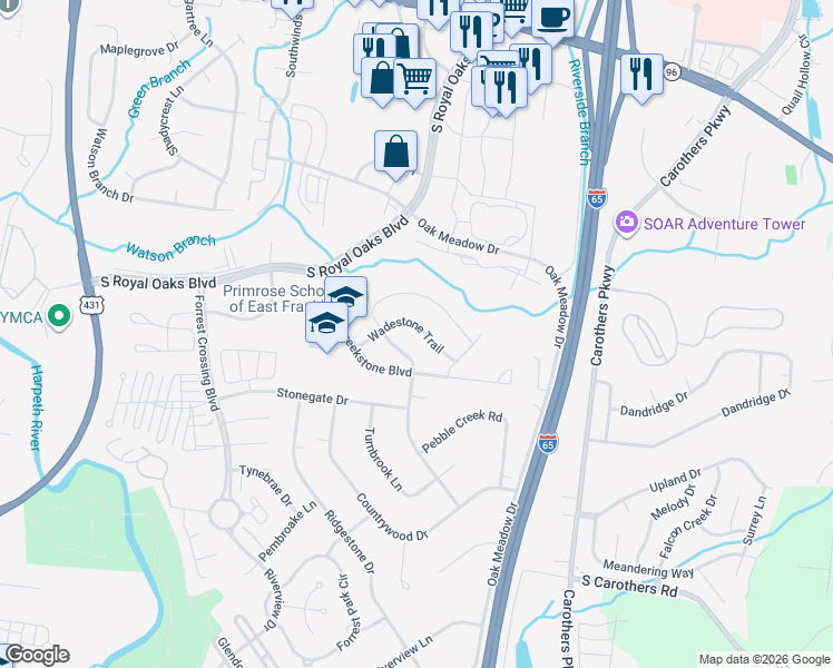 map of restaurants, bars, coffee shops, grocery stores, and more near 712 Wadestone Trail in Franklin