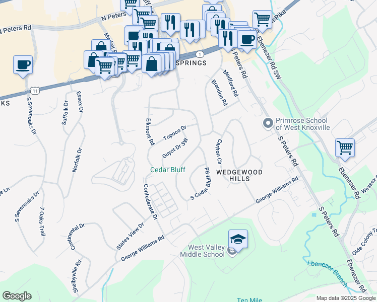 map of restaurants, bars, coffee shops, grocery stores, and more near 609 Clingman Drive in Knoxville