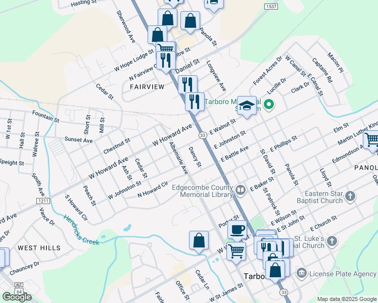 map of restaurants, bars, coffee shops, grocery stores, and more near 1314 Dancy Street in Tarboro