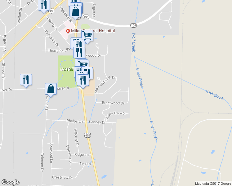 map of restaurants, bars, coffee shops, grocery stores, and more near 7080 Oakhill Drive in Milan