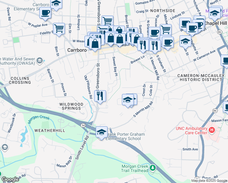 map of restaurants, bars, coffee shops, grocery stores, and more near 105 Red Sunset Place in Carrboro