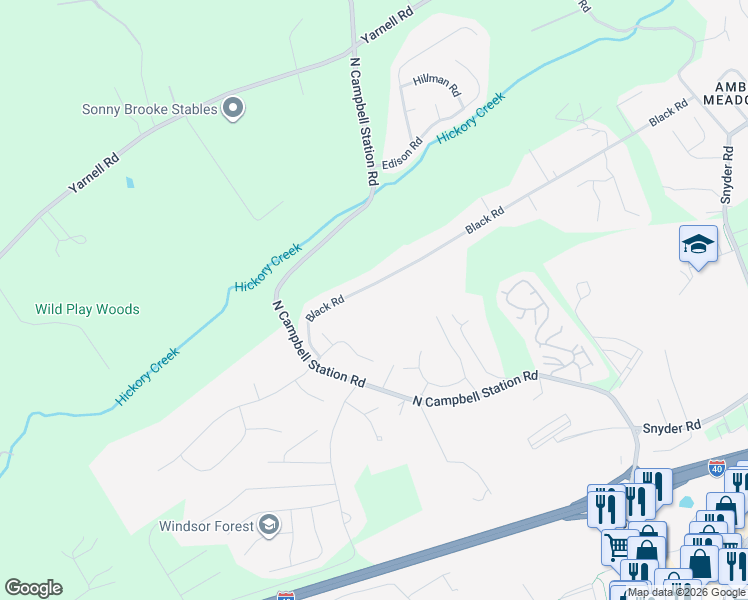 map of restaurants, bars, coffee shops, grocery stores, and more near 11916 Black Road in Knoxville
