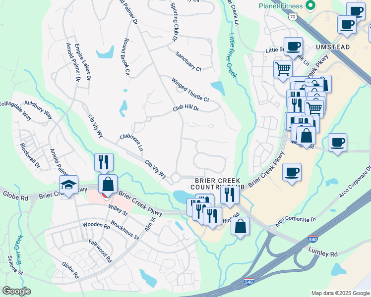 map of restaurants, bars, coffee shops, grocery stores, and more near 10542 Arnold Palmer Drive in Raleigh