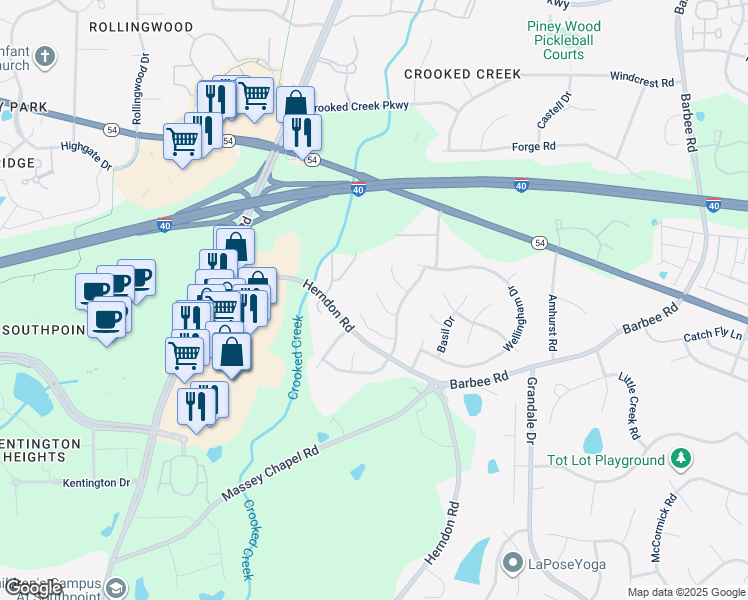 map of restaurants, bars, coffee shops, grocery stores, and more near 6513 Draebury Lane in Durham