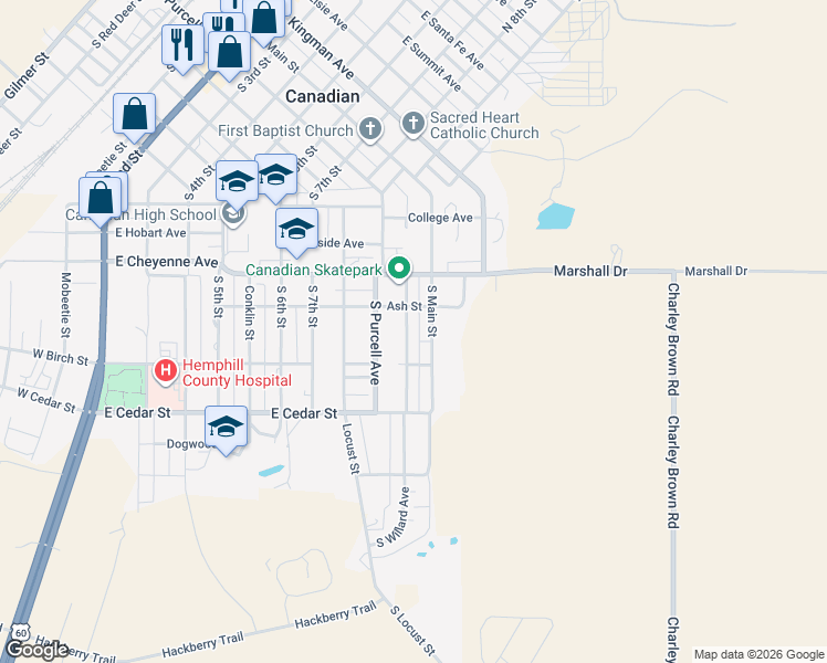 map of restaurants, bars, coffee shops, grocery stores, and more near 1409 Willard Avenue in Canadian