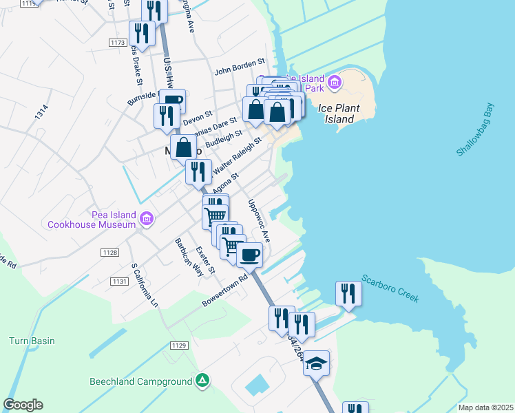 map of restaurants, bars, coffee shops, grocery stores, and more near 125 Dartmoor Avenue in Manteo
