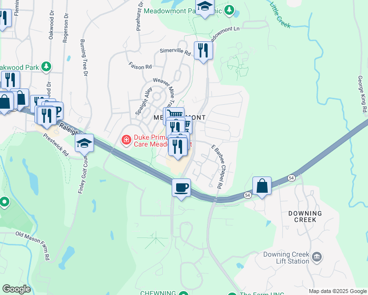 map of restaurants, bars, coffee shops, grocery stores, and more near 625 Meadowmont Village Circle in Chapel Hill